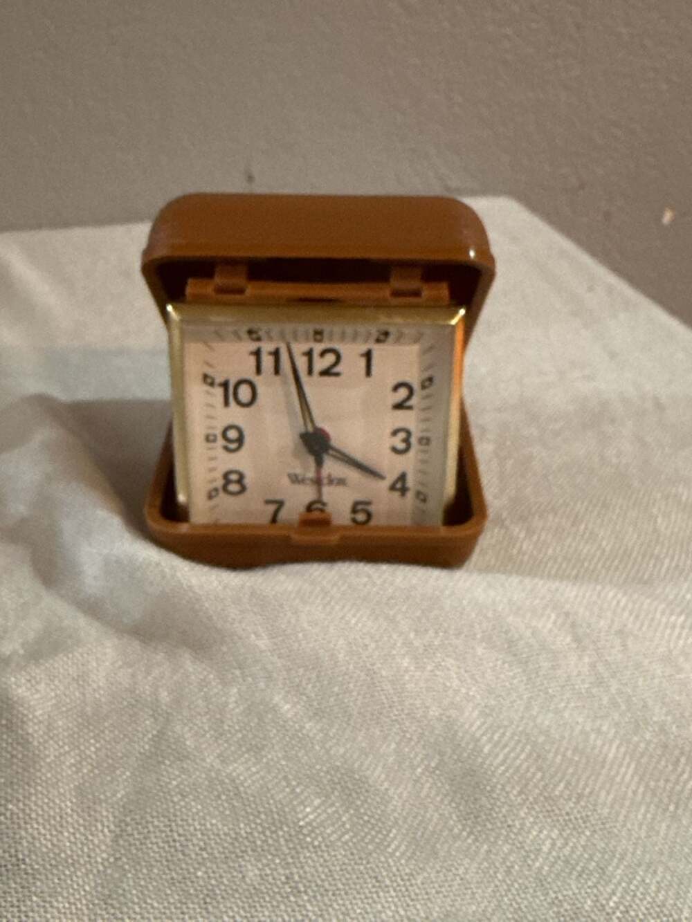 Westclox Vintage Folding Travel Alarm Clock Brown Plastic Case